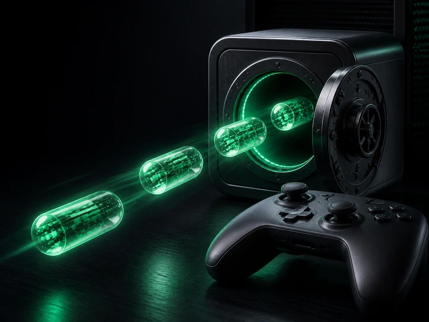 Digital memory capsules moving into a secure vault beside a game controller