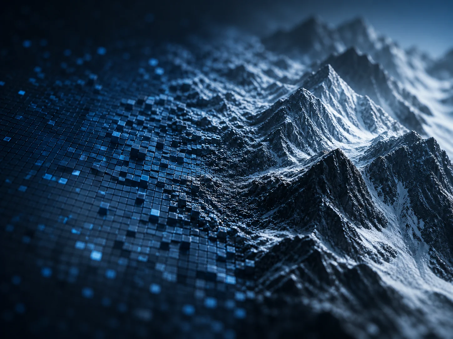 Digital pixels transitioning into a detailed mountain surface